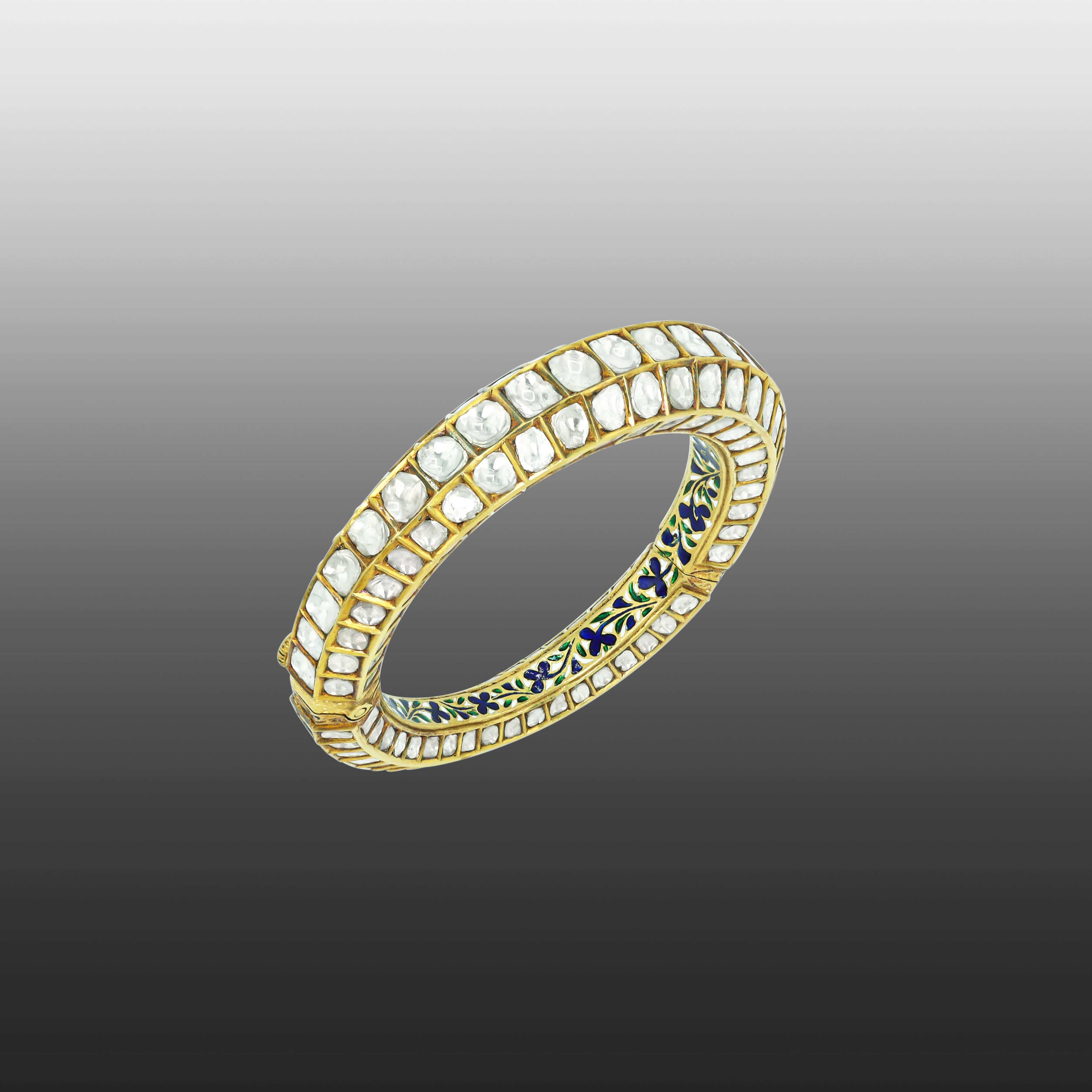 Triple-Row Polki Bangle with Blue Floral Enamel Detail